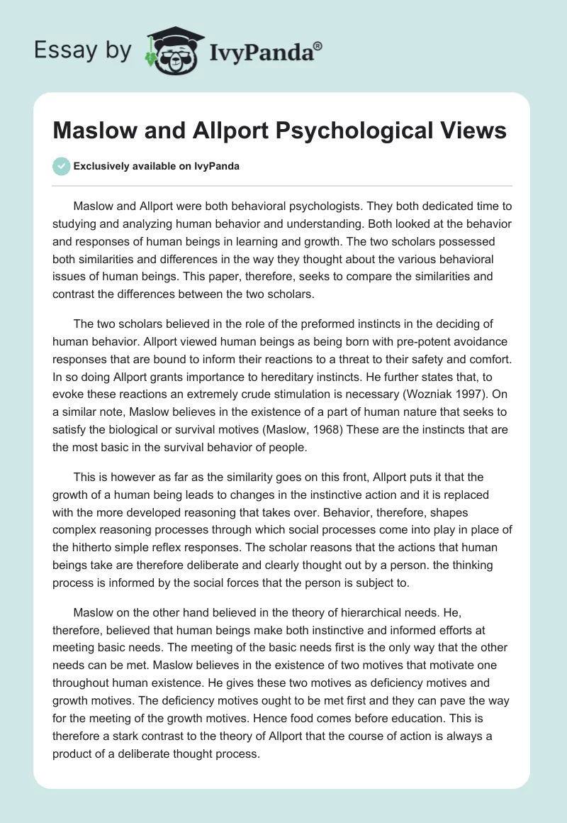 Maslow and Allport Psychological Views. Page 1