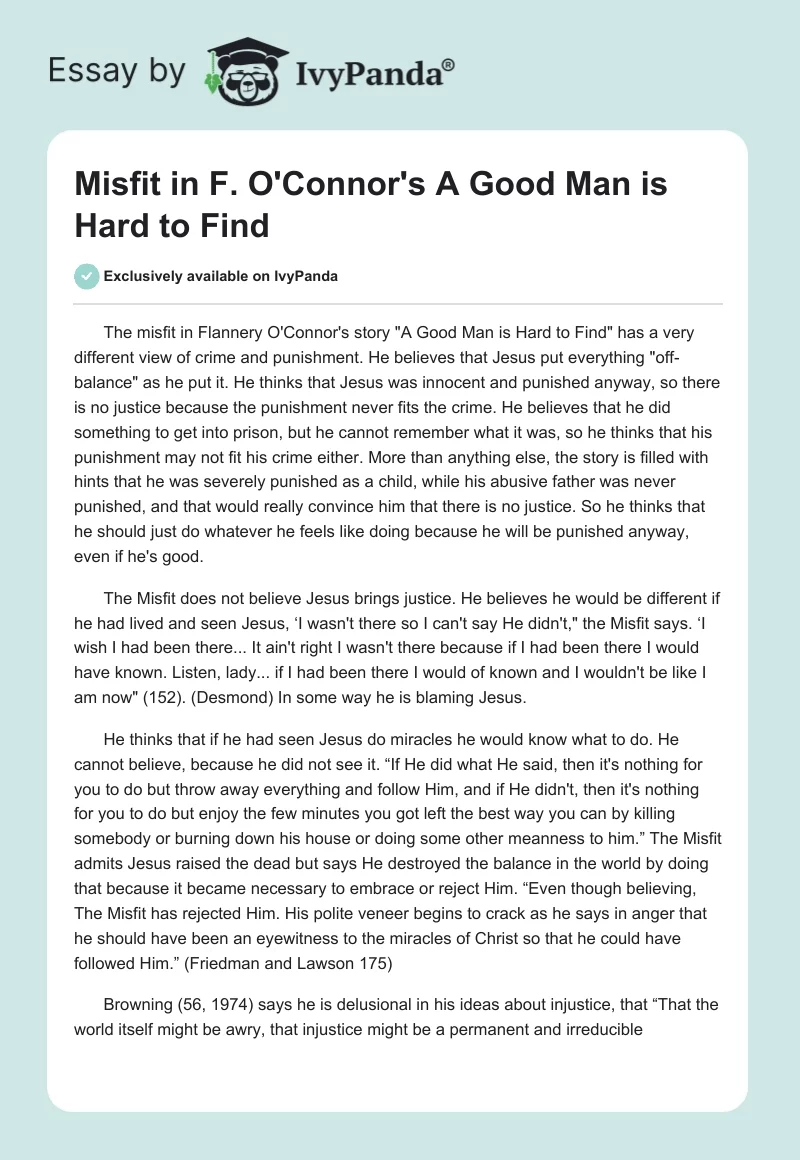 Misfit in F. O'Connor's "A Good Man Is Hard to Find". Page 1