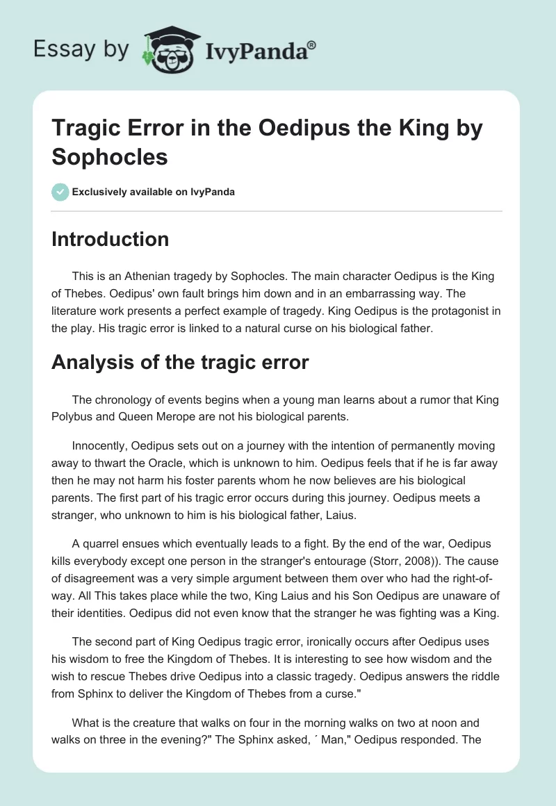 Tragic Error in the "Oedipus the King" by Sophocles. Page 1