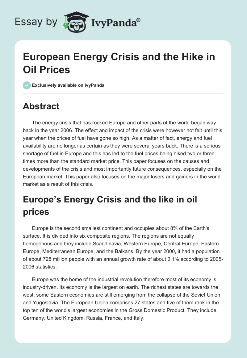 European Energy Crisis and the Hike in Oil Prices. Page 1