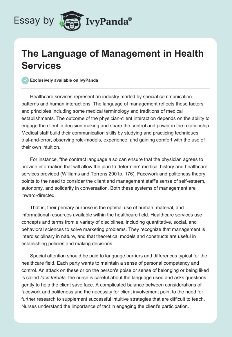 The Language of Management in Health Services. Page 1
