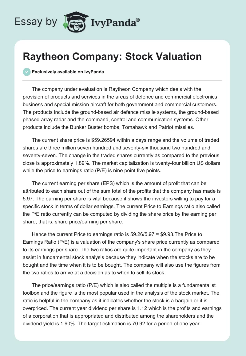 Raytheon Company: Stock Valuation. Page 1