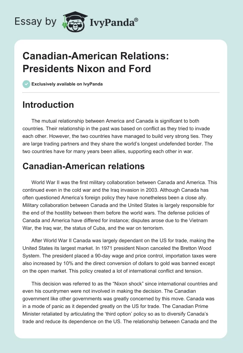 Canadian-American Relations: Presidents Nixon and Ford. Page 1