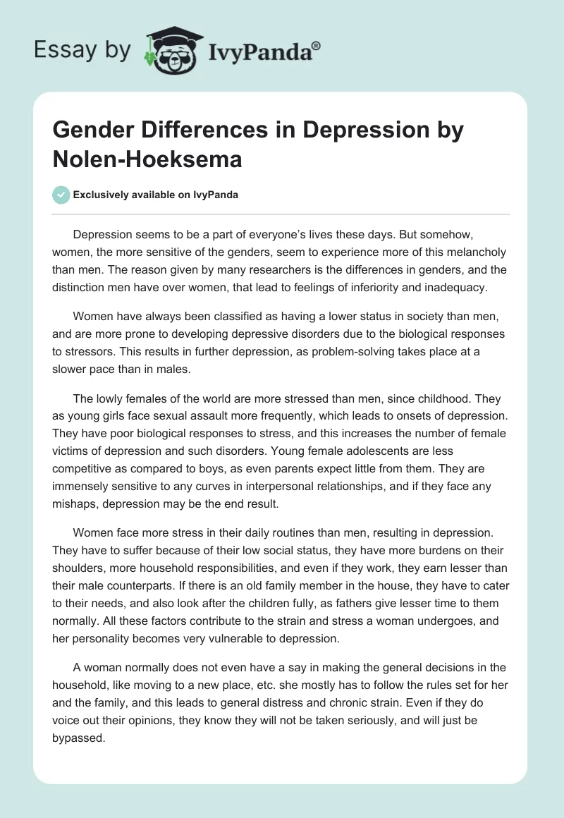 "Gender Differences in Depression" by Nolen-Hoeksema. Page 1
