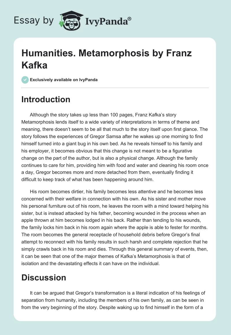 Humanities. The Metamorphosis by Franz Kafka. Page 1