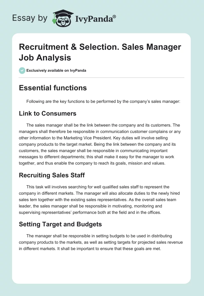 Recruitment & Selection. Sales Manager Job Analysis. Page 1