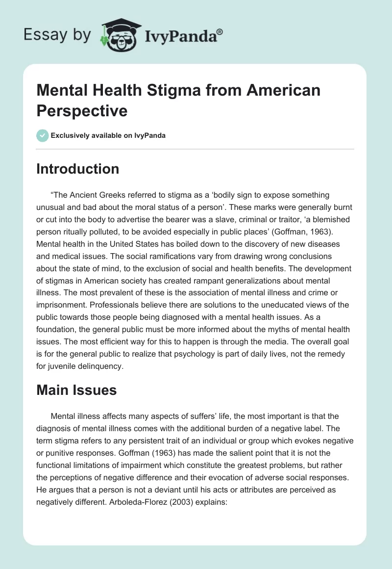 Mental Health Stigma From American Perspective. Page 1