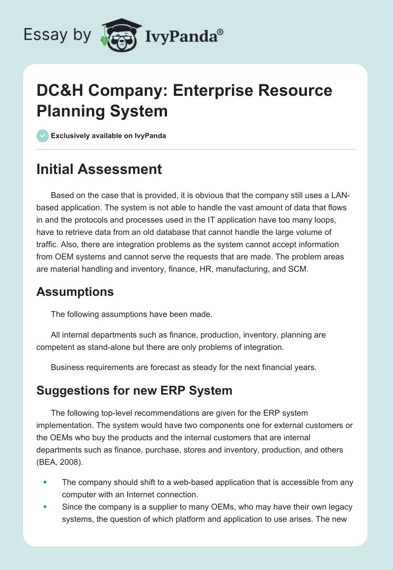 DC&H Company: Enterprise Resource Planning System. Page 1