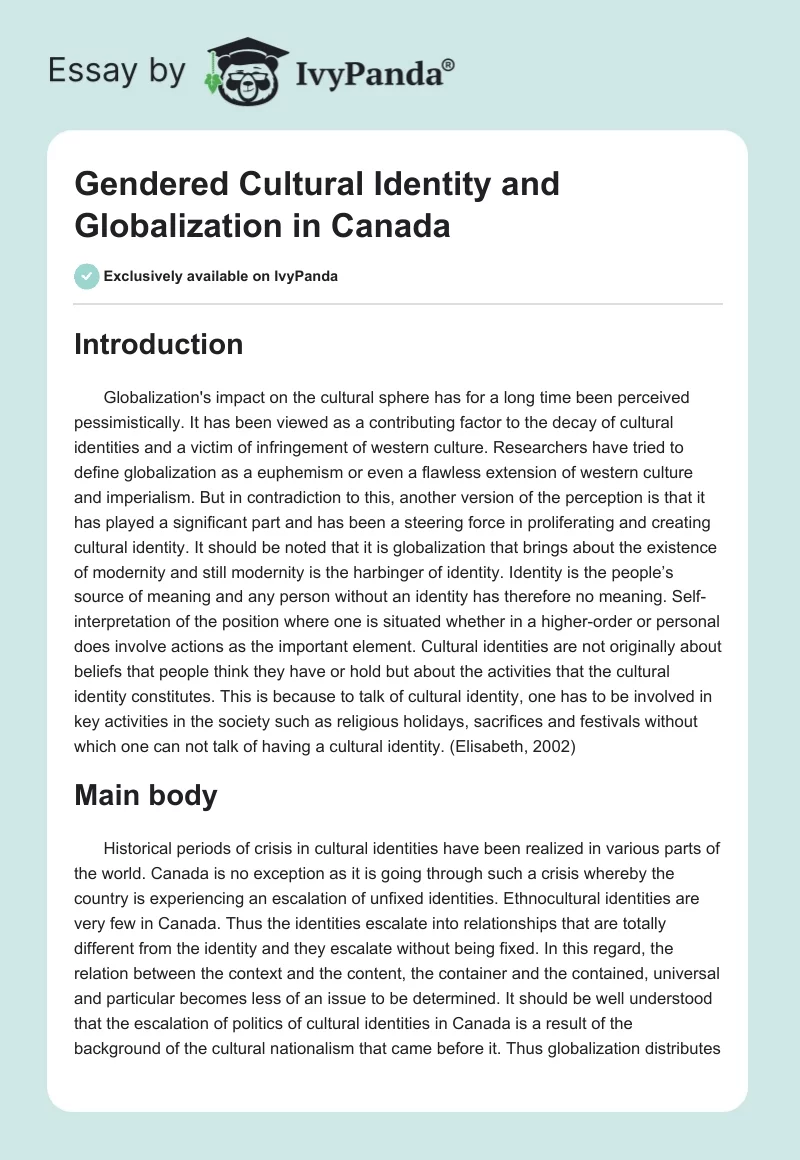 Gendered Cultural Identity and Globalization in Canada. Page 1