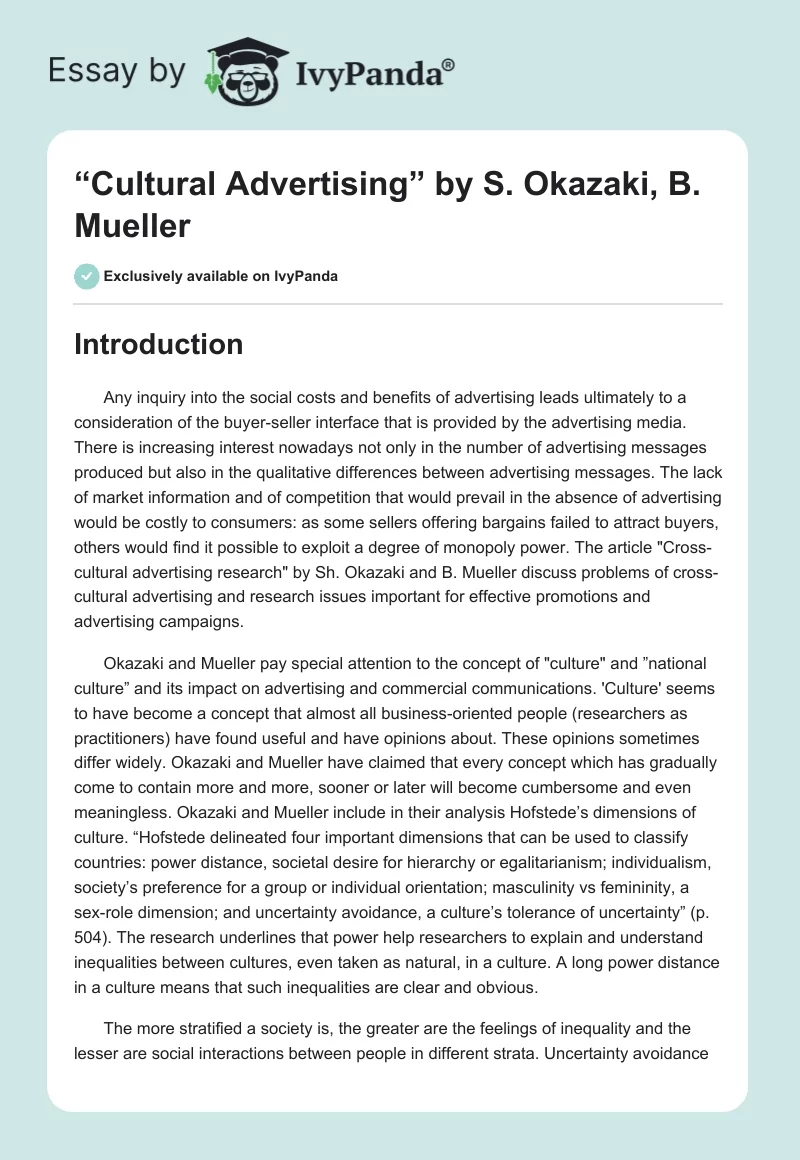 “Cultural Advertising” by S. Okazaki, B. Mueller. Page 1