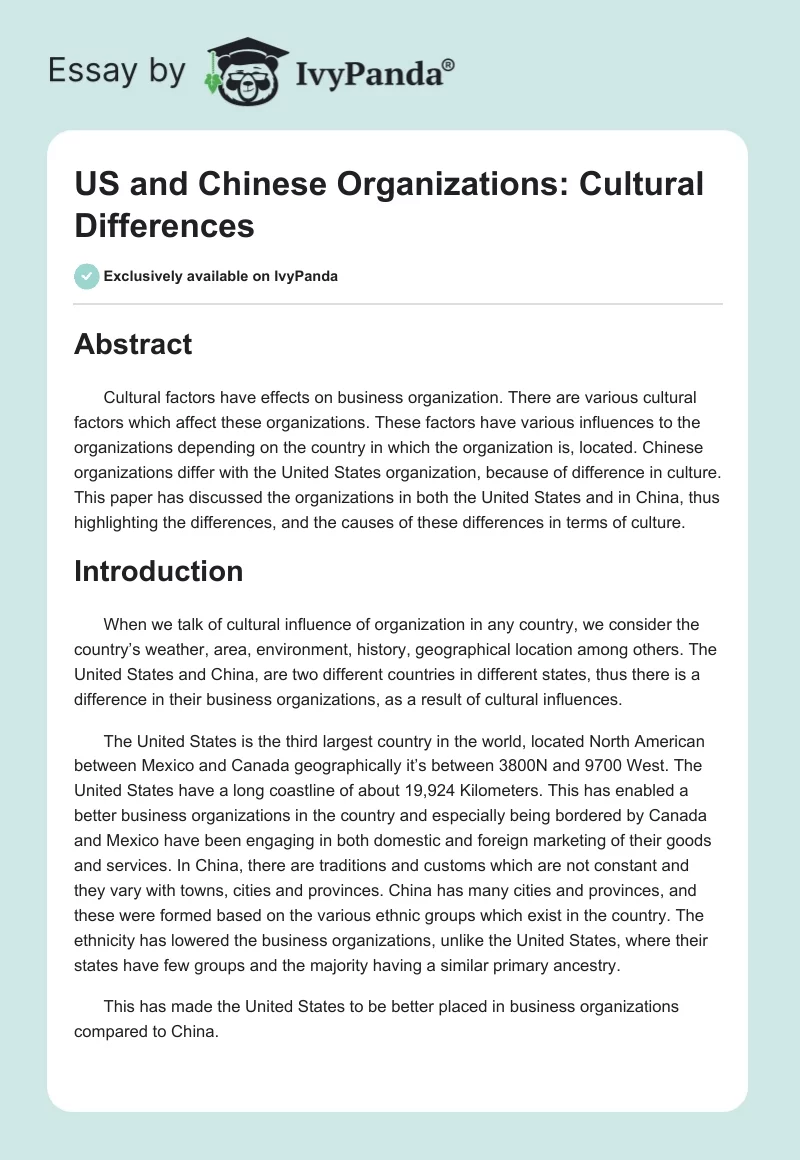 US and Chinese Organizations: Cultural Differences. Page 1