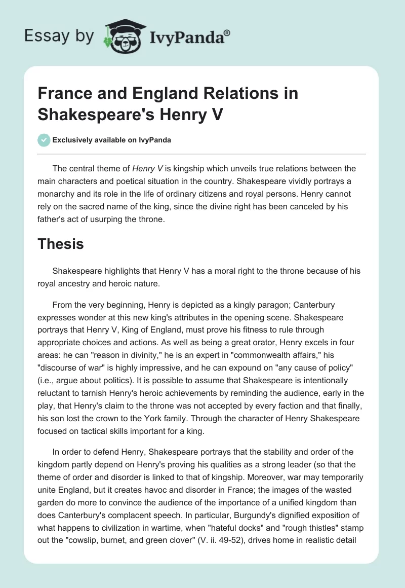 France and England Relations in Shakespeare's "Henry V". Page 1