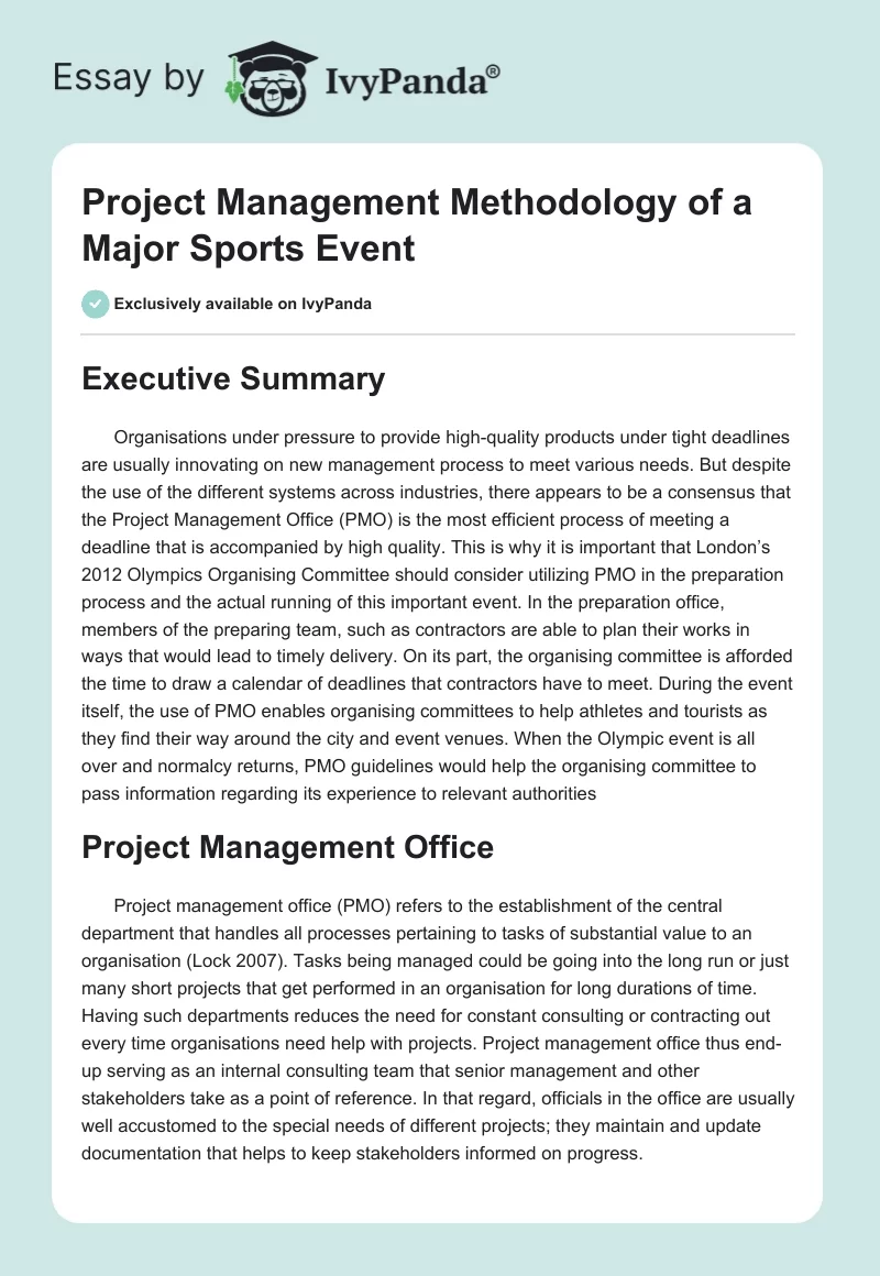 Project Management Methodology of a Major Sports Event - 5597 Words ...
