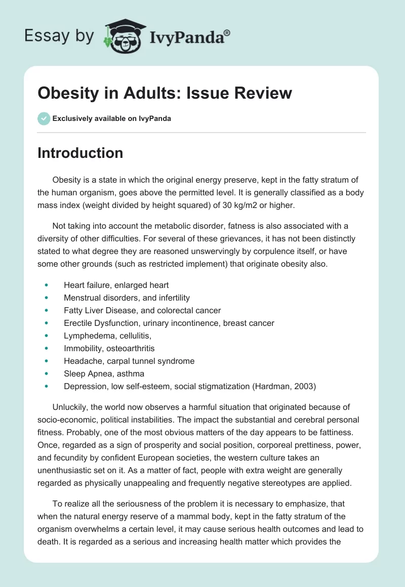 Obesity in Adults: Issue Review. Page 1