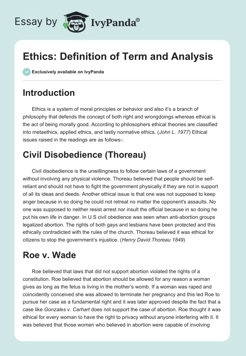 Ethics: Definition of Term and Analysis. Page 1