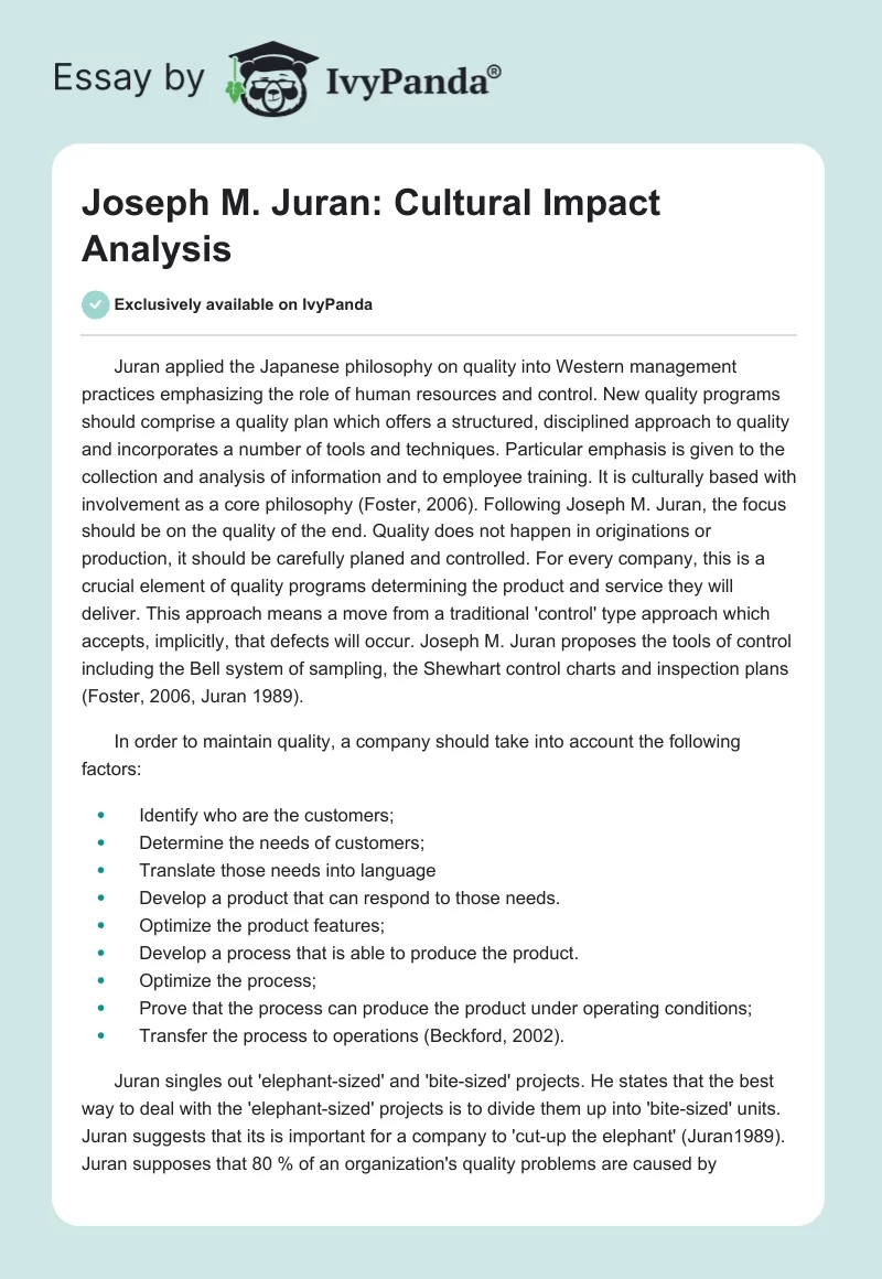 Joseph M. Juran: Cultural Impact Analysis. Page 1