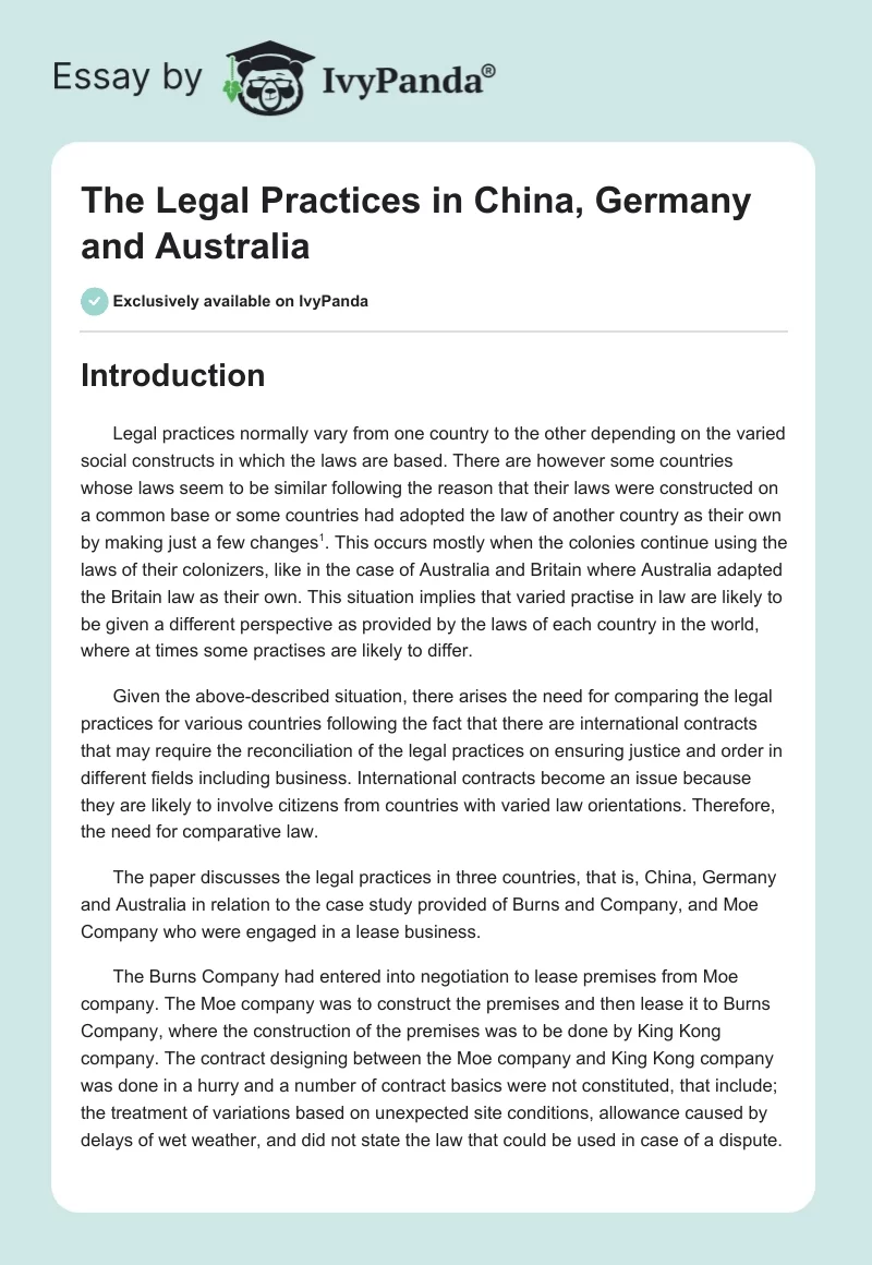 The Legal Practices in China, Germany and Australia. Page 1