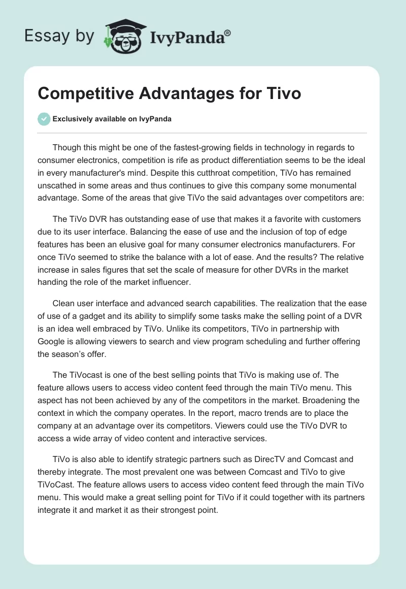 Competitive Advantages for Tivo. Page 1