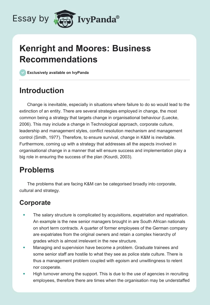 Kenright and Moores: Business Recommendations. Page 1