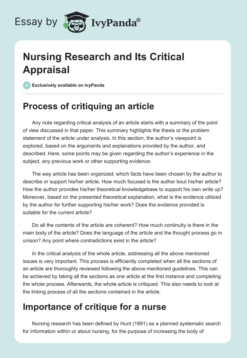 Nursing Research and Its Critical Appraisal. Page 1
