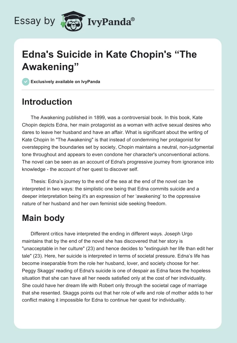 Edna's Suicide in Kate Chopin's “The Awakening”. Page 1