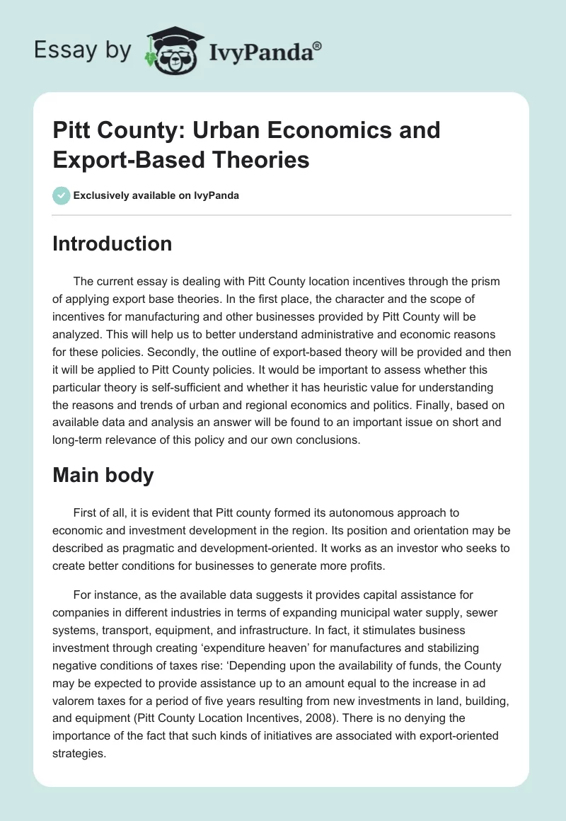Pitt County: Urban Economics and Export-Based Theories. Page 1