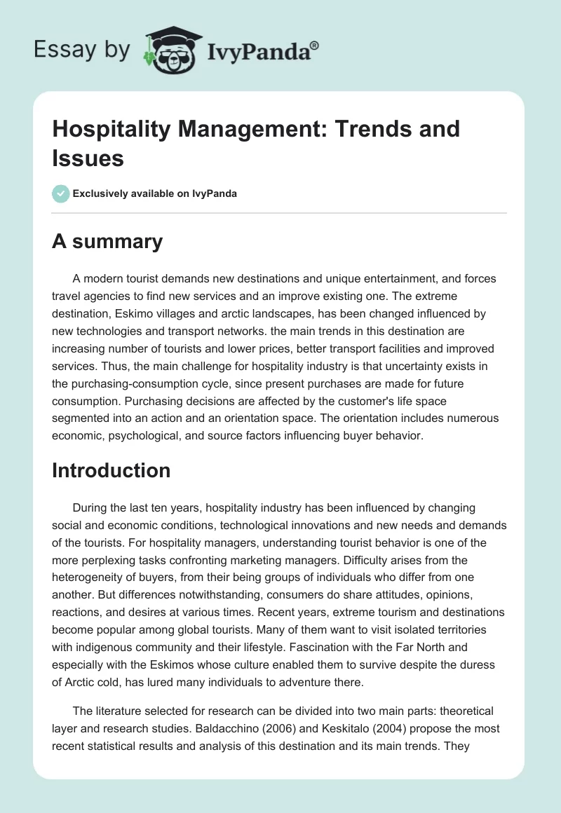 Hospitality Management: Trends and Issues. Page 1
