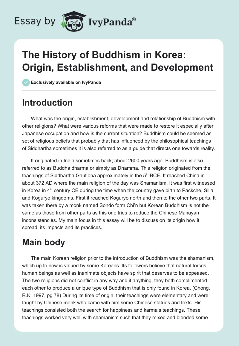 The History of Buddhism in Korea: Origin, Establishment, and Development. Page 1