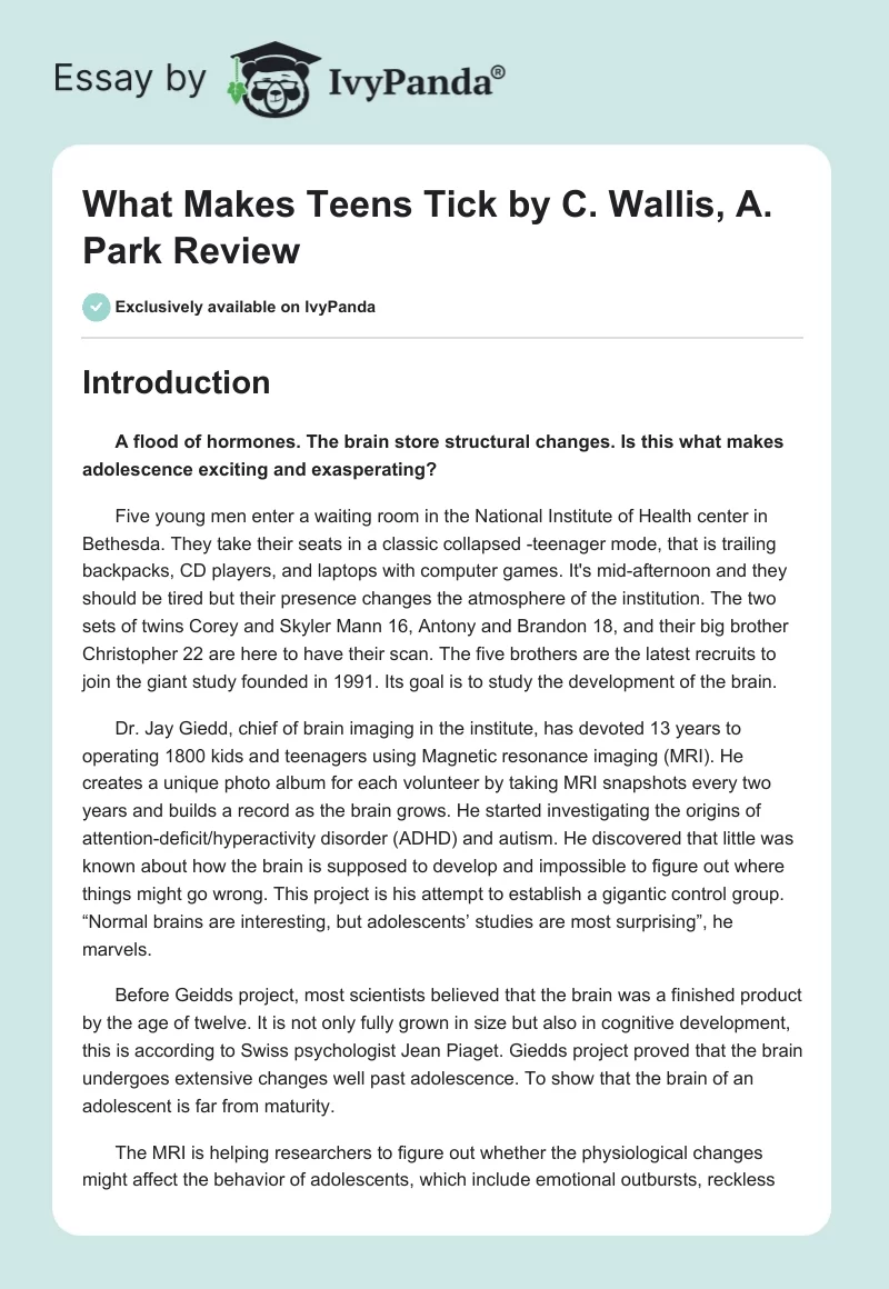 "What Makes Teens Tick" by C. Wallis, A. Park Review. Page 1