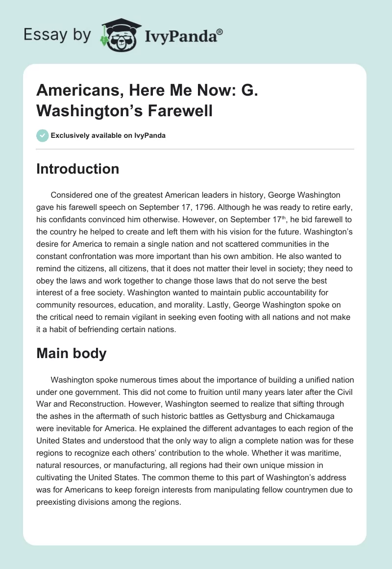 Americans, Here Me Now: G. Washington’s Farewell. Page 1