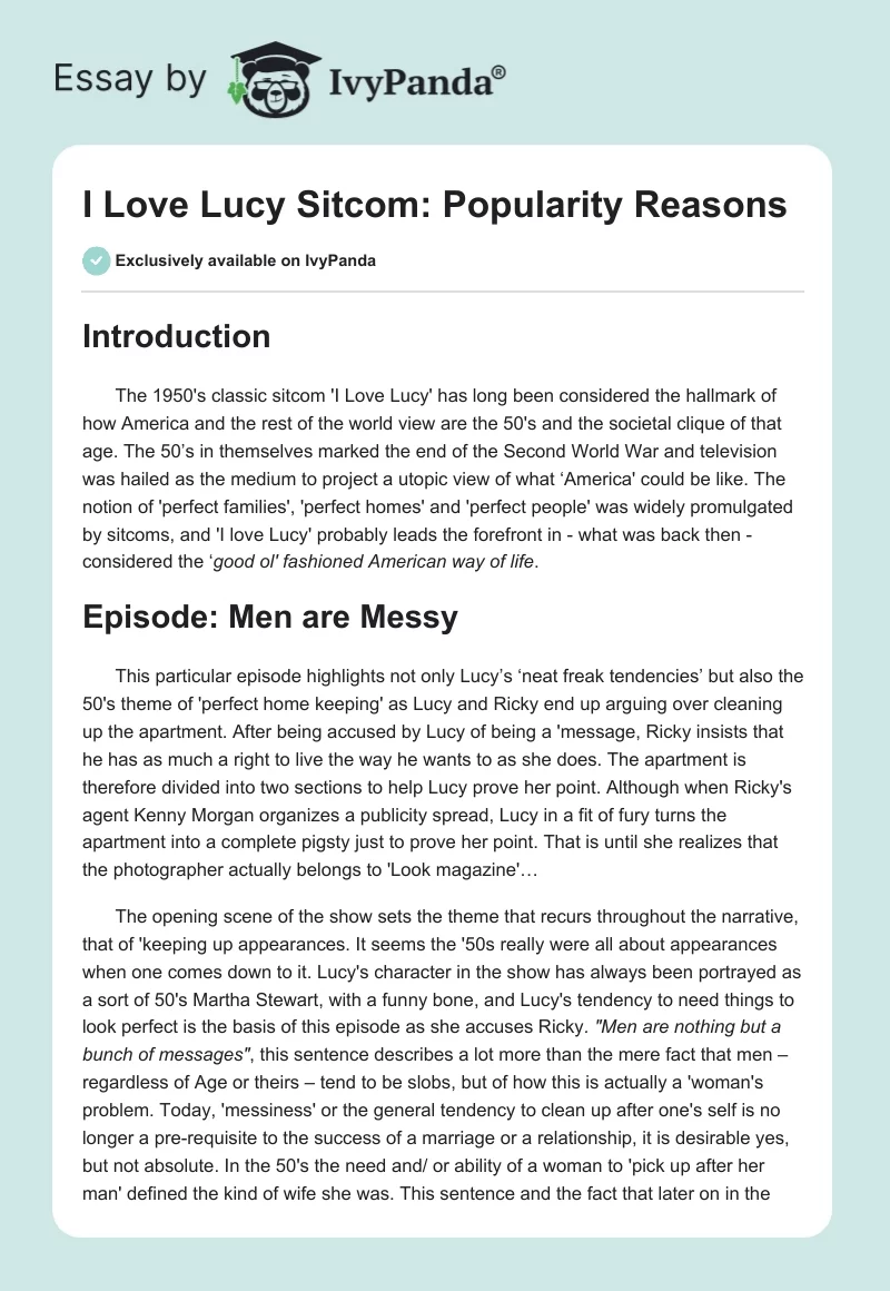 "I Love Lucy" Sitcom: Popularity Reasons. Page 1