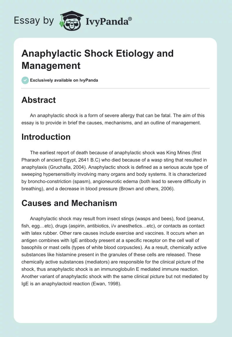 Anaphylactic Shock Etiology and Management. Page 1