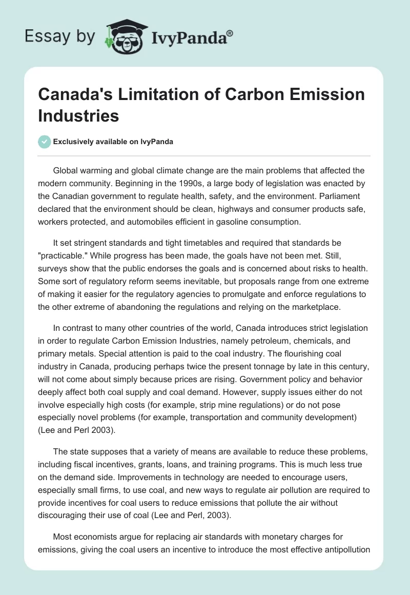 Canada's Limitation of Carbon Emission Industries. Page 1