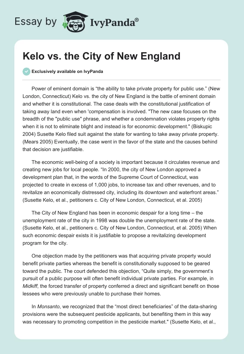 Kelo vs. the City of New England. Page 1