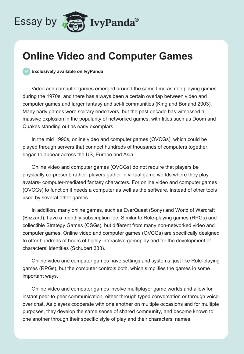Online role-playing games Free Essay Example