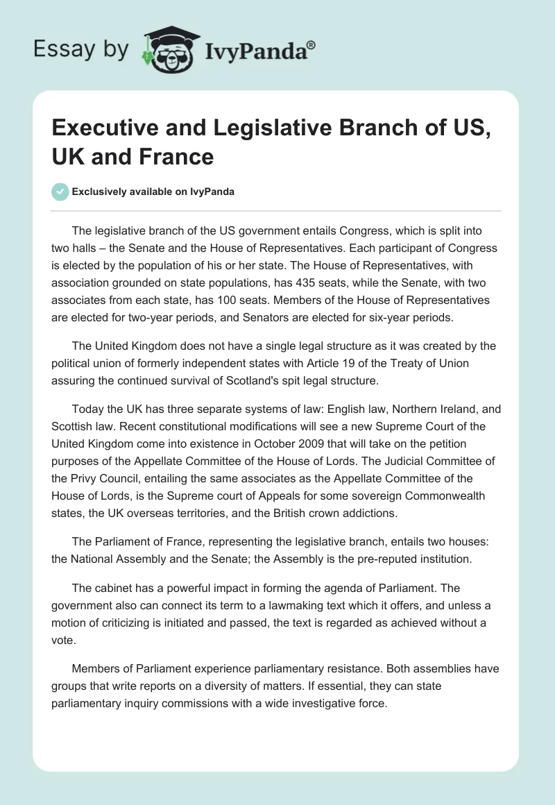 Executive and Legislative Branch of US, UK and France. Page 1