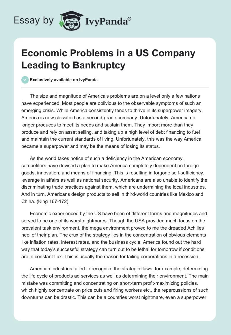 Economic Problems in a US Company Leading to Bankruptcy. Page 1