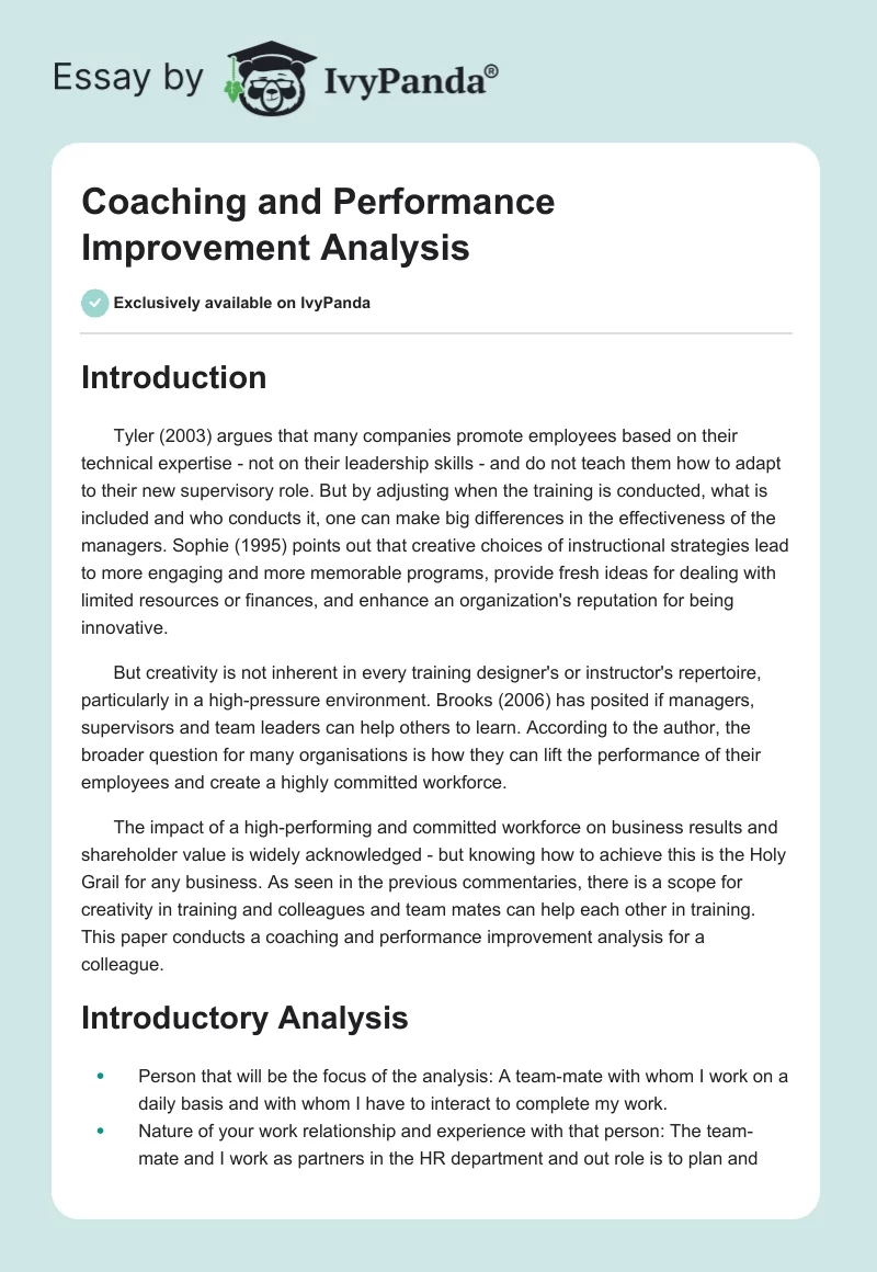 Coaching and Performance Improvement Analysis. Page 1