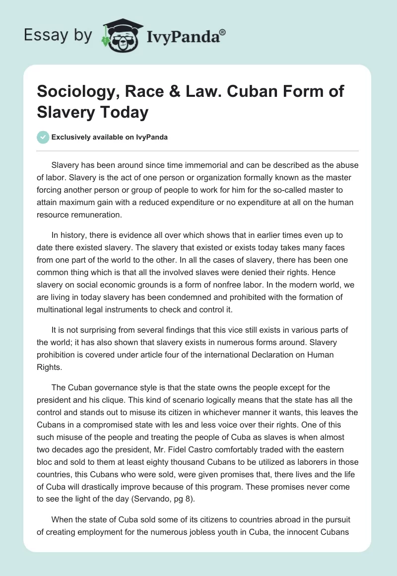 Sociology, Race & Law. Cuban Form of Slavery Today. Page 1