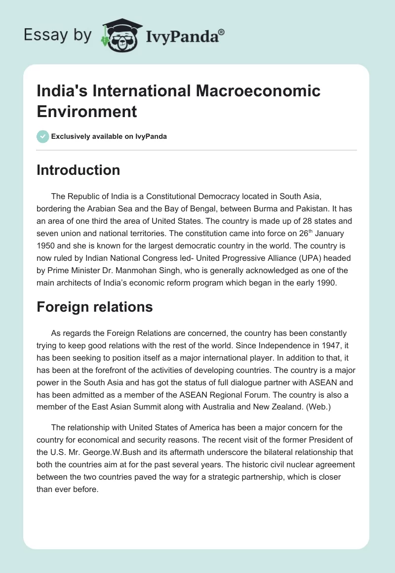 India's International Macroeconomic Environment. Page 1