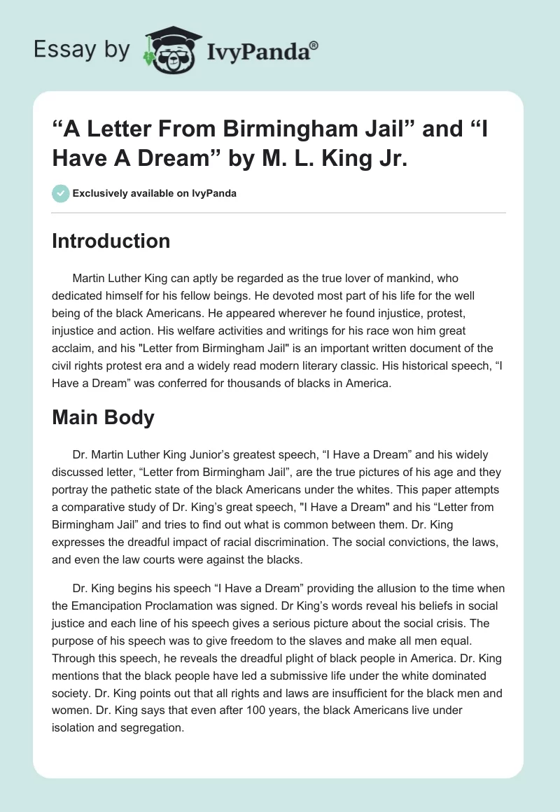 “A Letter From Birmingham Jail” and “I Have A Dream” by M. L. King Jr.. Page 1