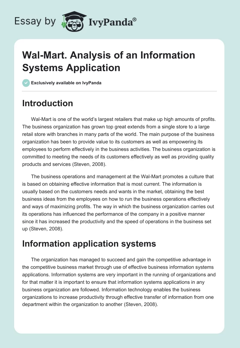Wal-Mart. Analysis of an Information Systems Application. Page 1