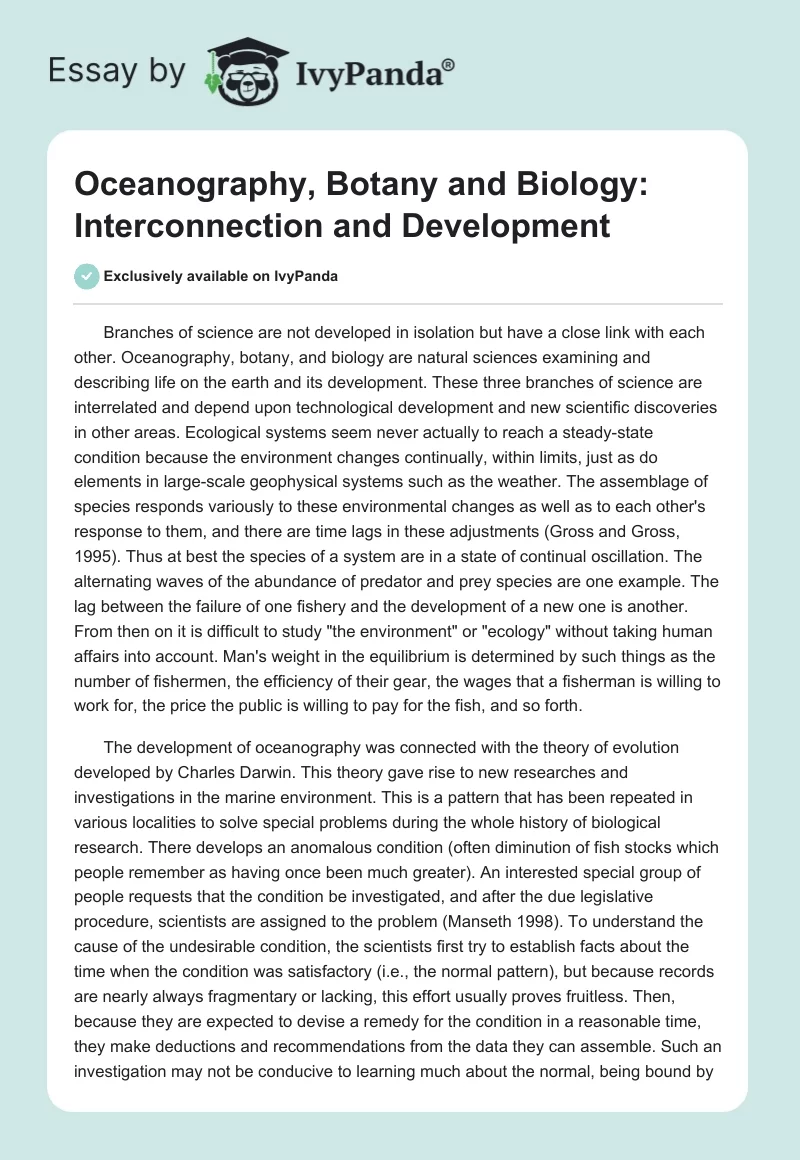 Oceanography, Botany and Biology: Interconnection and Development. Page 1
