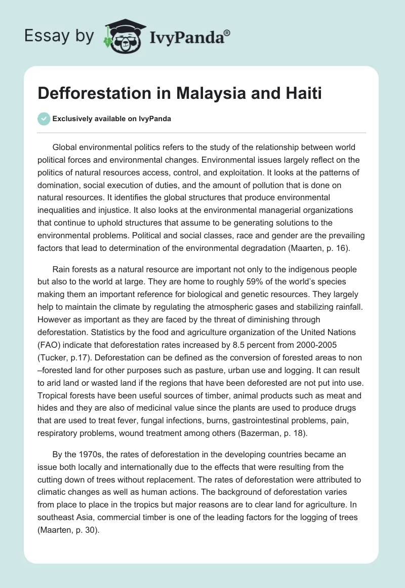 Defforestation in Malaysia and Haiti. Page 1