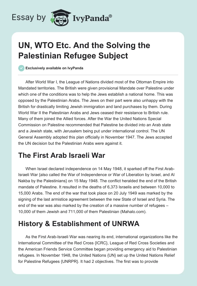 UN, WTO and the Solving the Palestinian Refugee Subject. Page 1