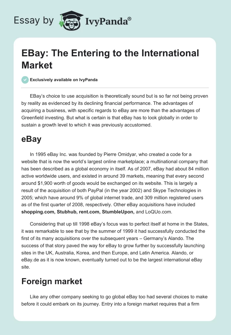 EBay: The Entering to the International Market. Page 1