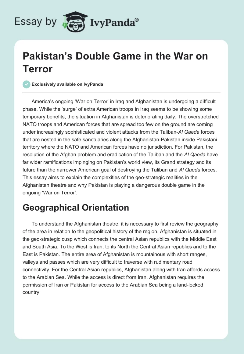 Pakistan’s Double Game in the War on Terror. Page 1
