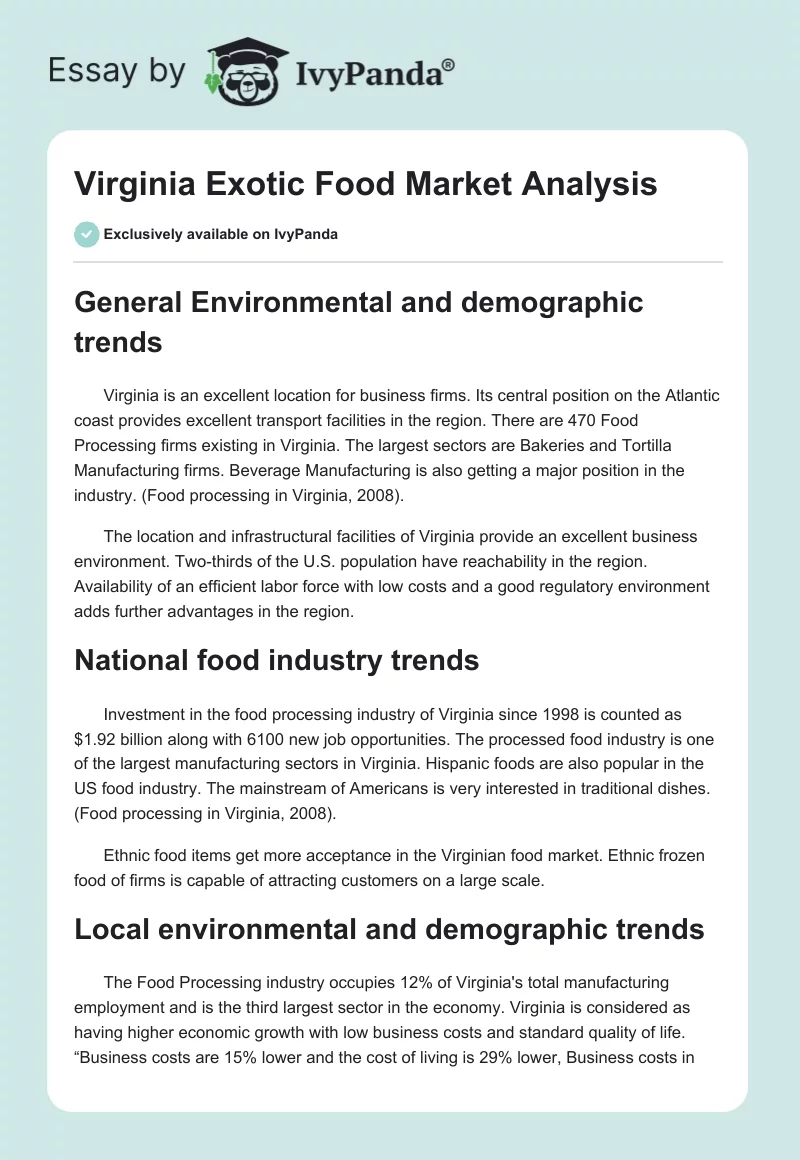 Virginia Exotic Food Market Analysis. Page 1