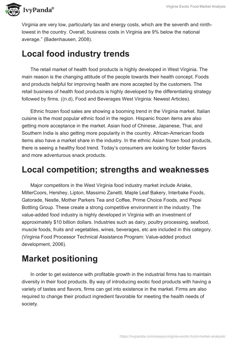 Virginia Exotic Food Market Analysis. Page 2