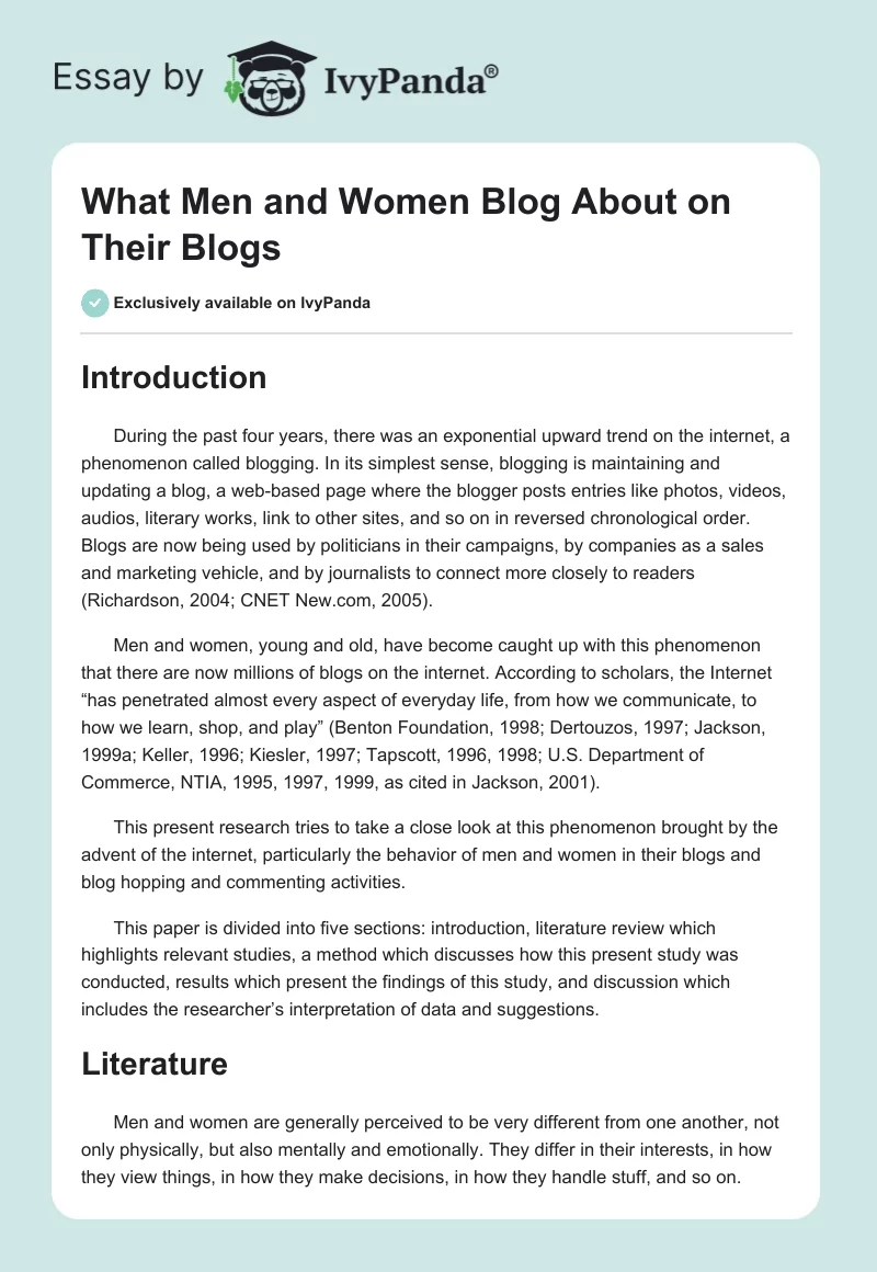 What Men and Women Blog About on Their Blogs. Page 1